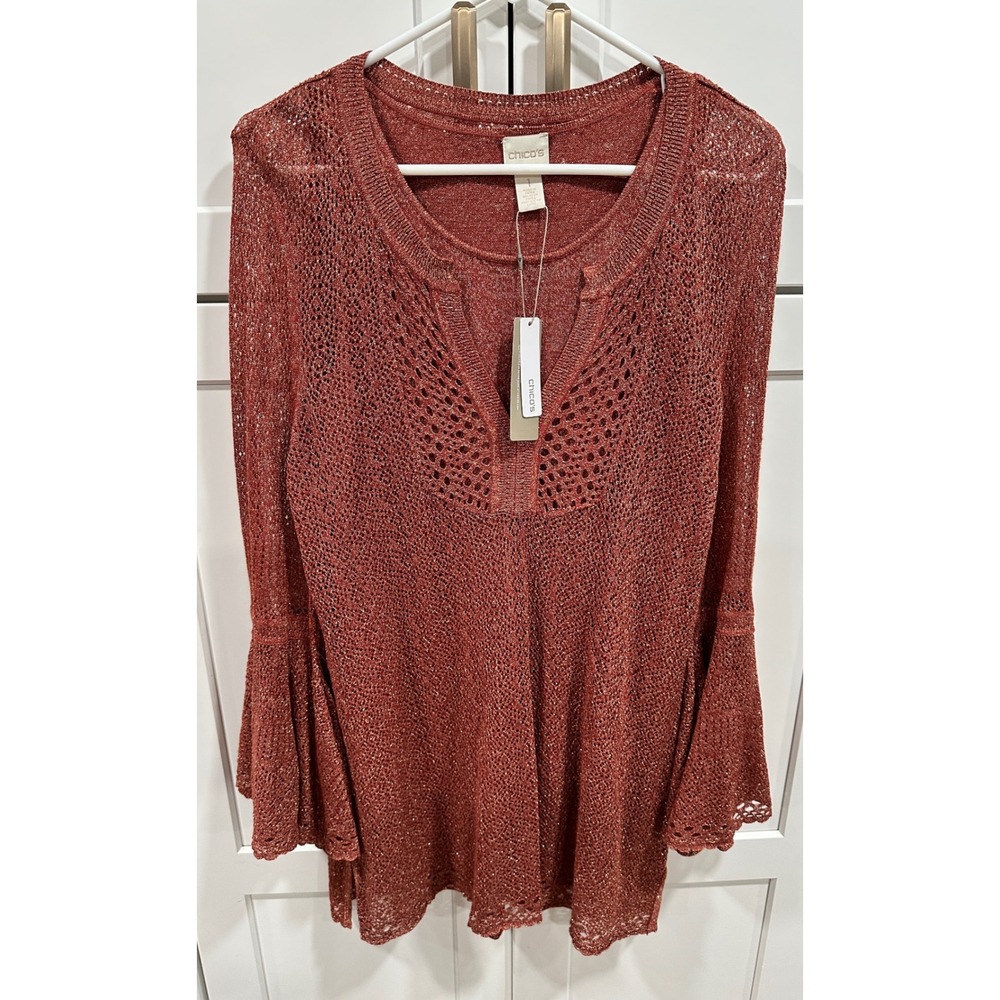 Chico's‎ Crochet Knit Bell Sleeve Top Metallic Pink Pullover Sweater 1